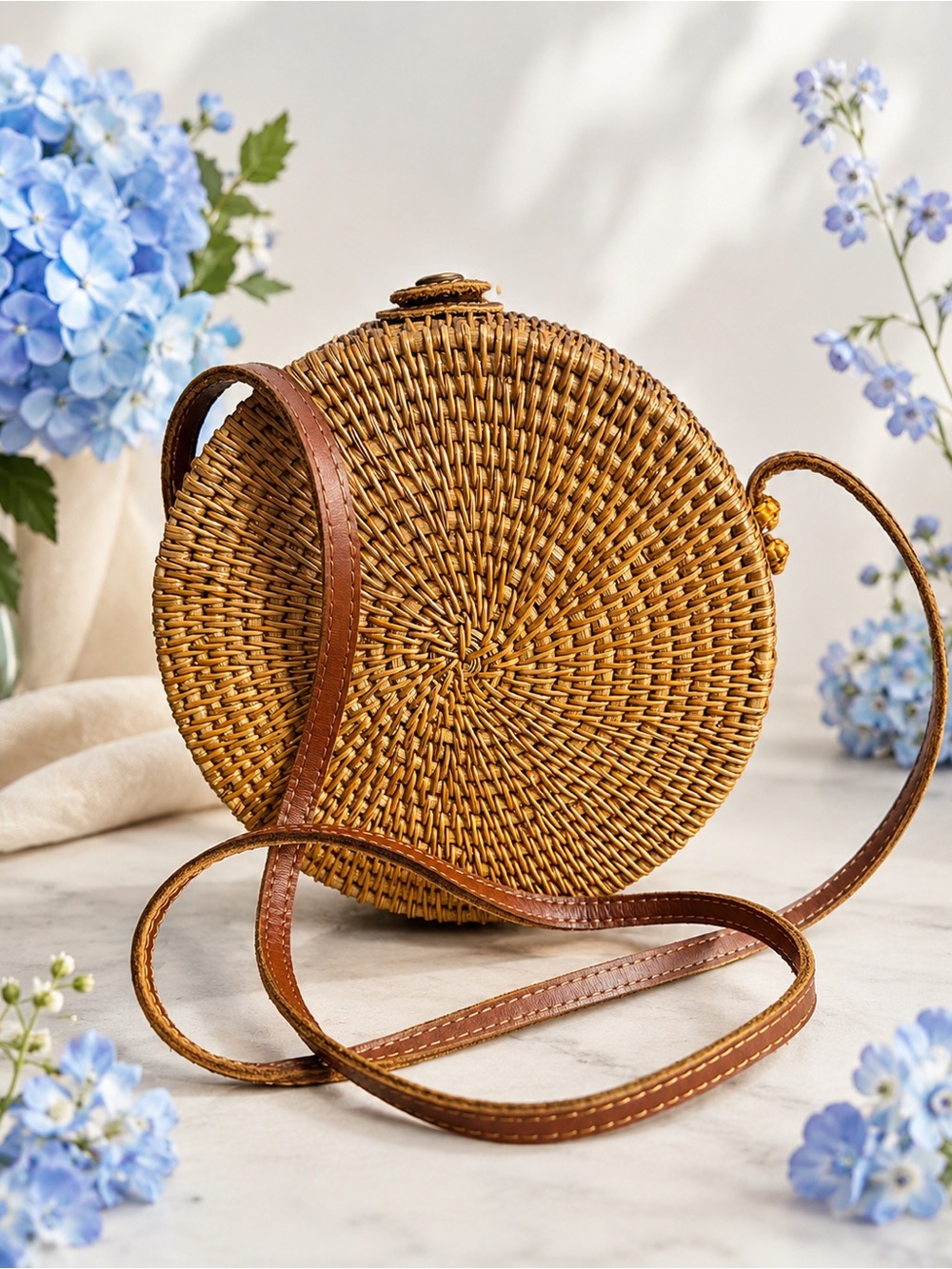 Woven Round Straw Crossbody Bag - Brown